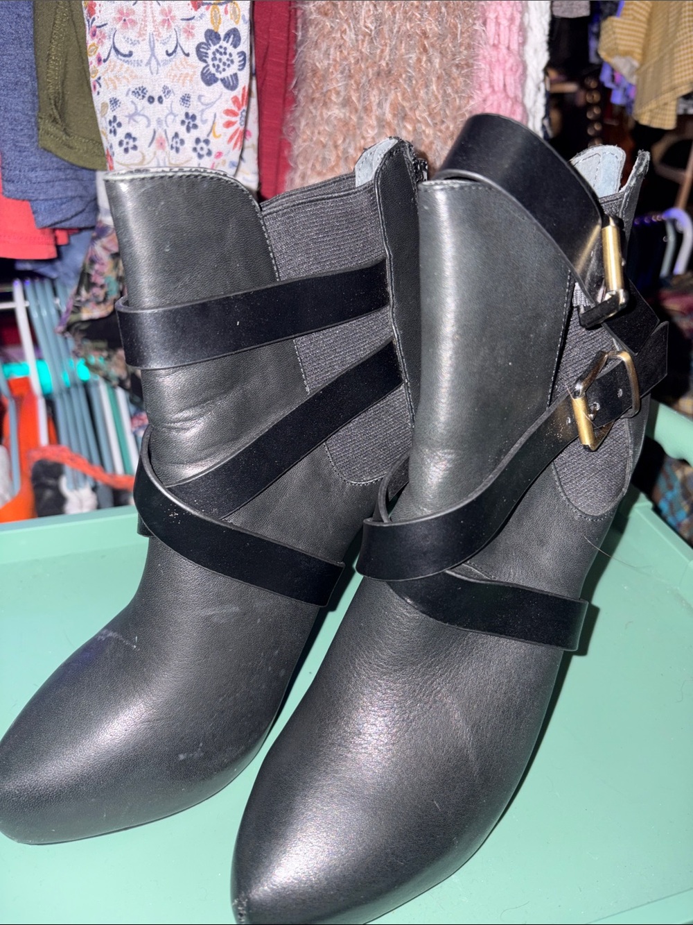 Charles David Black Strappy Ankle Boots with Gold Buckles